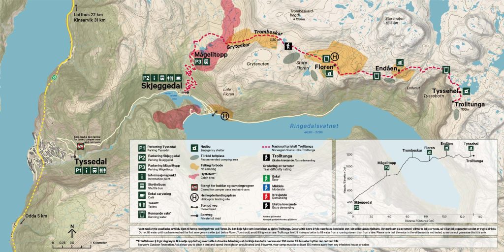 Official Trolltunga trail map showing recommended camping areas, no-camping zones, parking areas and emergency shelters along the route.