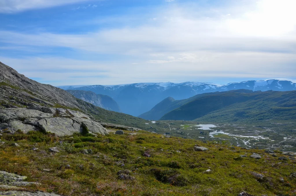 View towards small cabins near Mågelitopp on the Trolltunga hike in Norway.